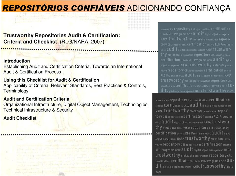 Checklist for Audit & Certification Applicability of Criteria, Relevant Standards, Best Practices & Controls, Terminology Audit and