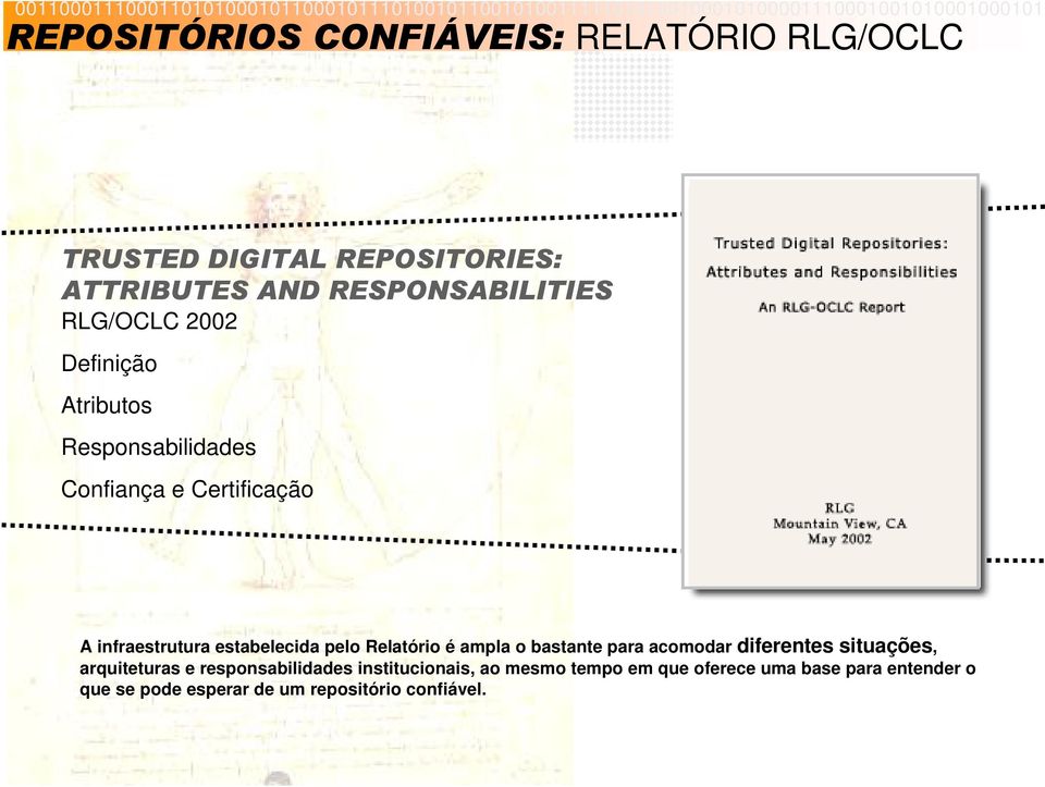 pelo Relatório é ampla o bastante para acomodar diferentes situações, arquiteturas e responsabilidades