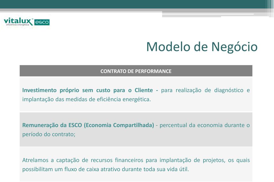 Remuneração da ESCO (Economia Compartilhada) - percentual da economia durante o período do contrato;