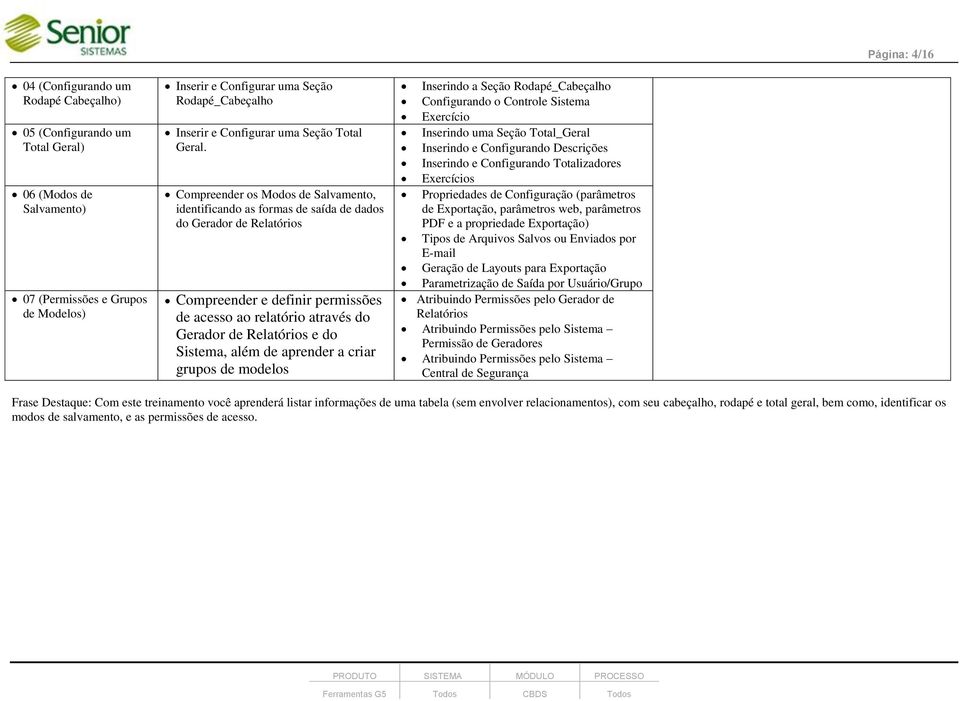 Compreender os Modos de Salvamento, identificando as formas de saída de dados do Gerador de Relatórios Compreender e definir permissões de acesso ao relatório através do Gerador de Relatórios e do