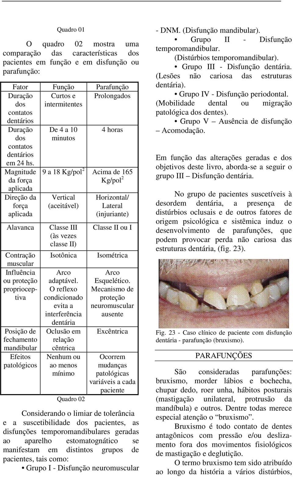 Magnitude da força aplicada Direção da força aplicada Alavanca Contração muscular Influência ou proteção proprioceptiva Posição de fechamento mandibular Efeitos patológicos De 4 a 10 minutos 4 horas