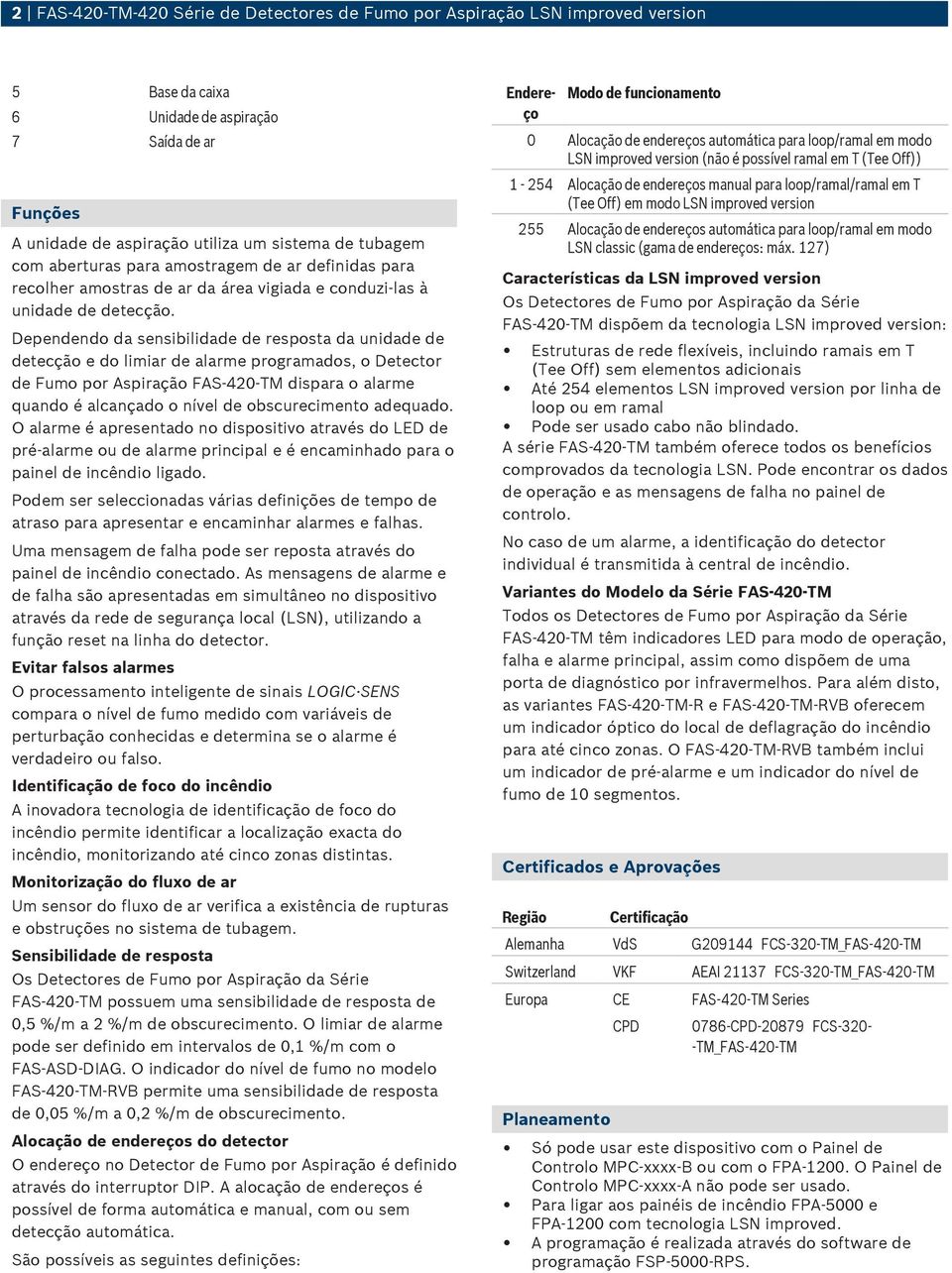 Dependendo da sensibilidade de resposta da unidade de detecção e do limiar de alarme programados, o Detector de Fumo por Aspiração FAS 420 TM dispara o alarme quando é alcançado o nível de