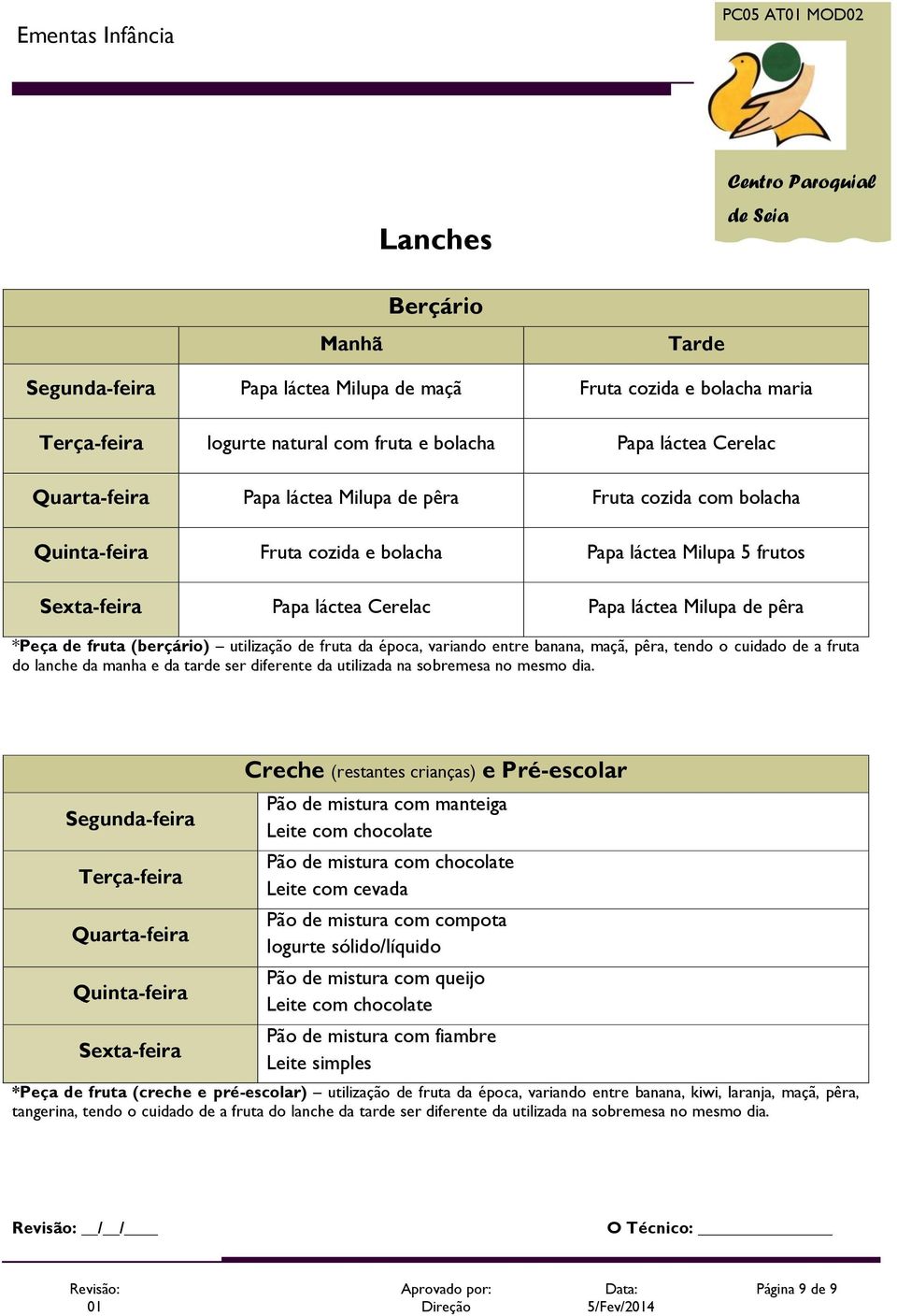 tendo o cuidado de a fruta do lanche da manha e da tarde ser diferente da utilizada na sobremesa no mesmo dia.