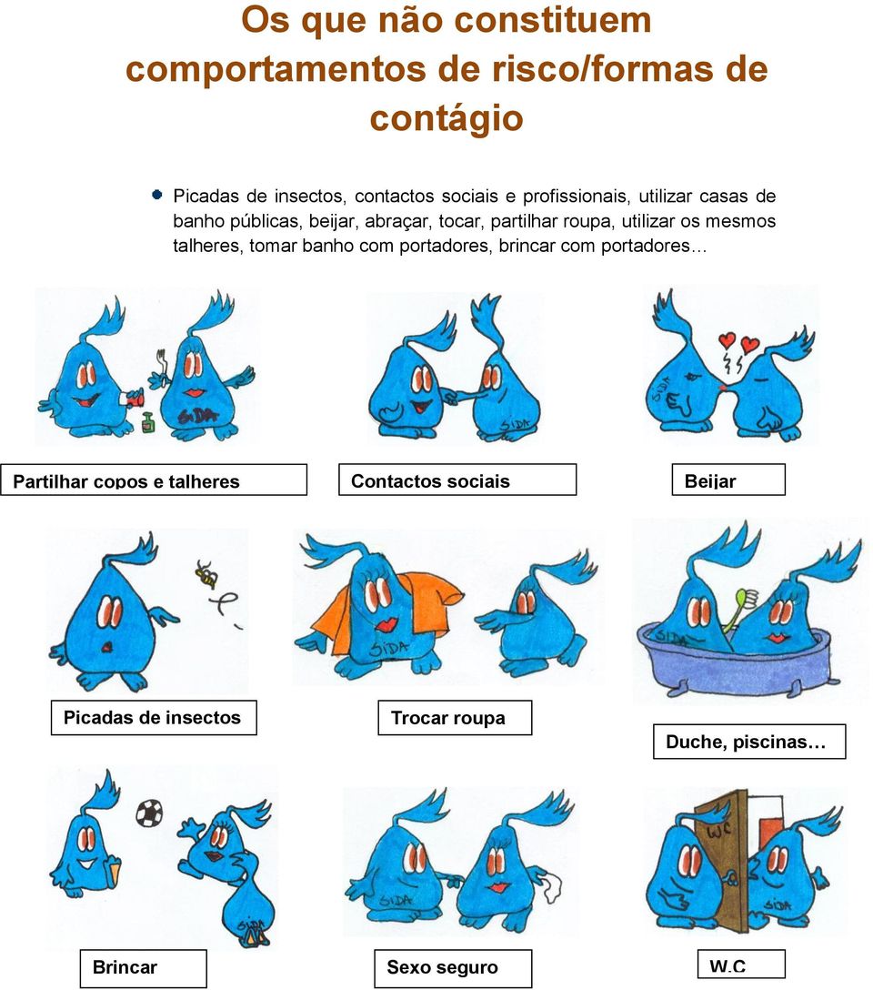 utilizar os mesmos talheres, tomar banho com portadores, brincar com portadores Partilhar copos e