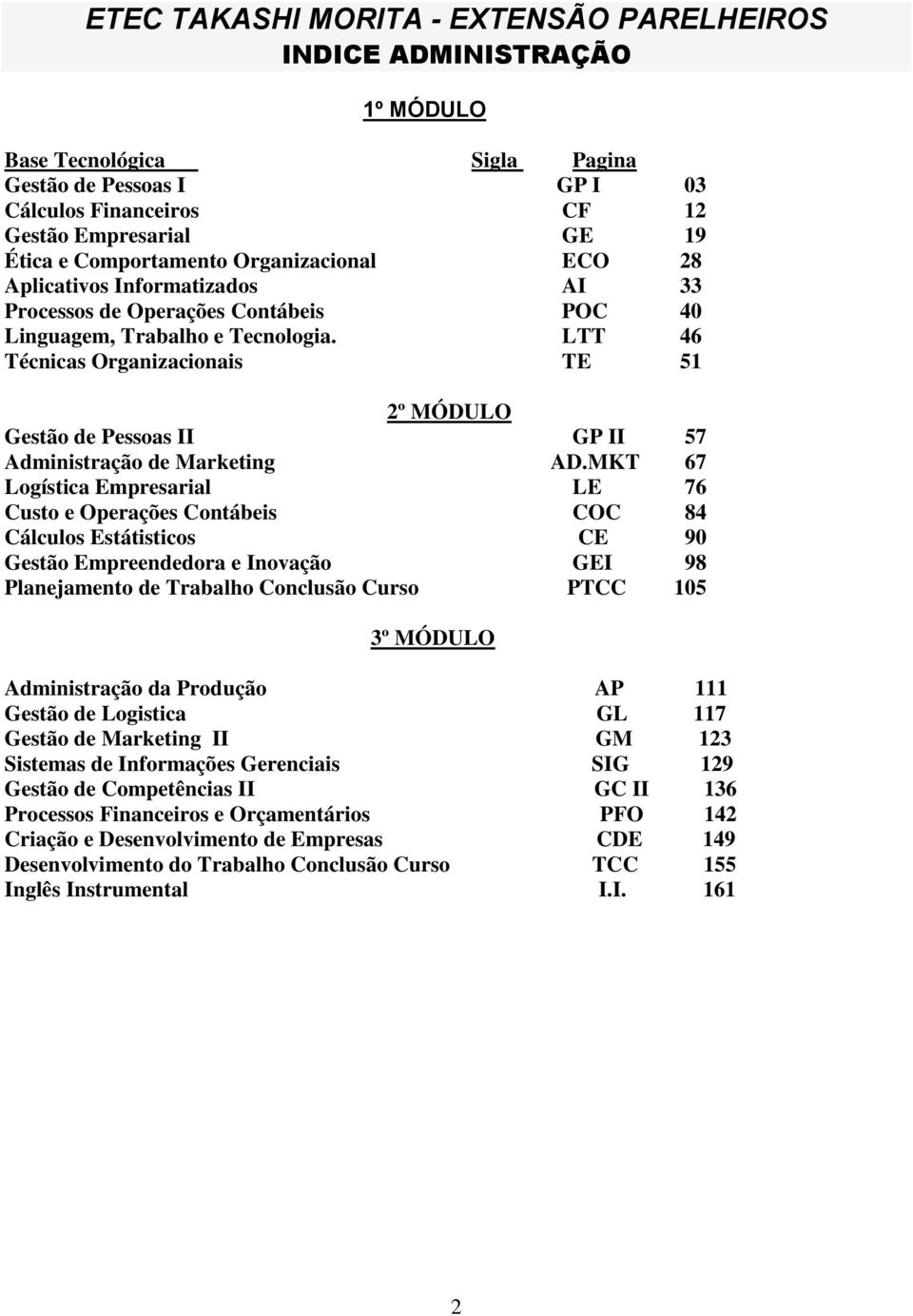 Técnicas Organizacionais LTT TE 2º MÓDULO Gestão de Pessoas II GP II 57 Administração de Marketing AD.