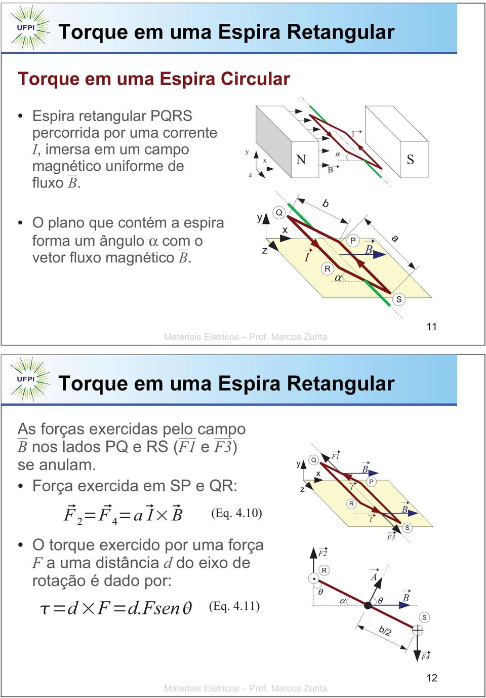 y z Q x I b R α P a S 11 As forças exercidas pelo campo nos lados PQ e RS (F1 e F3) se anulam.