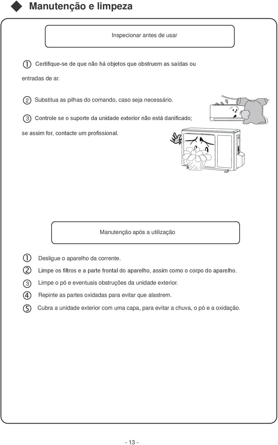 3 Controle se o suporte da unidade exterior não está danificado; se assim for, contacte um profissional.