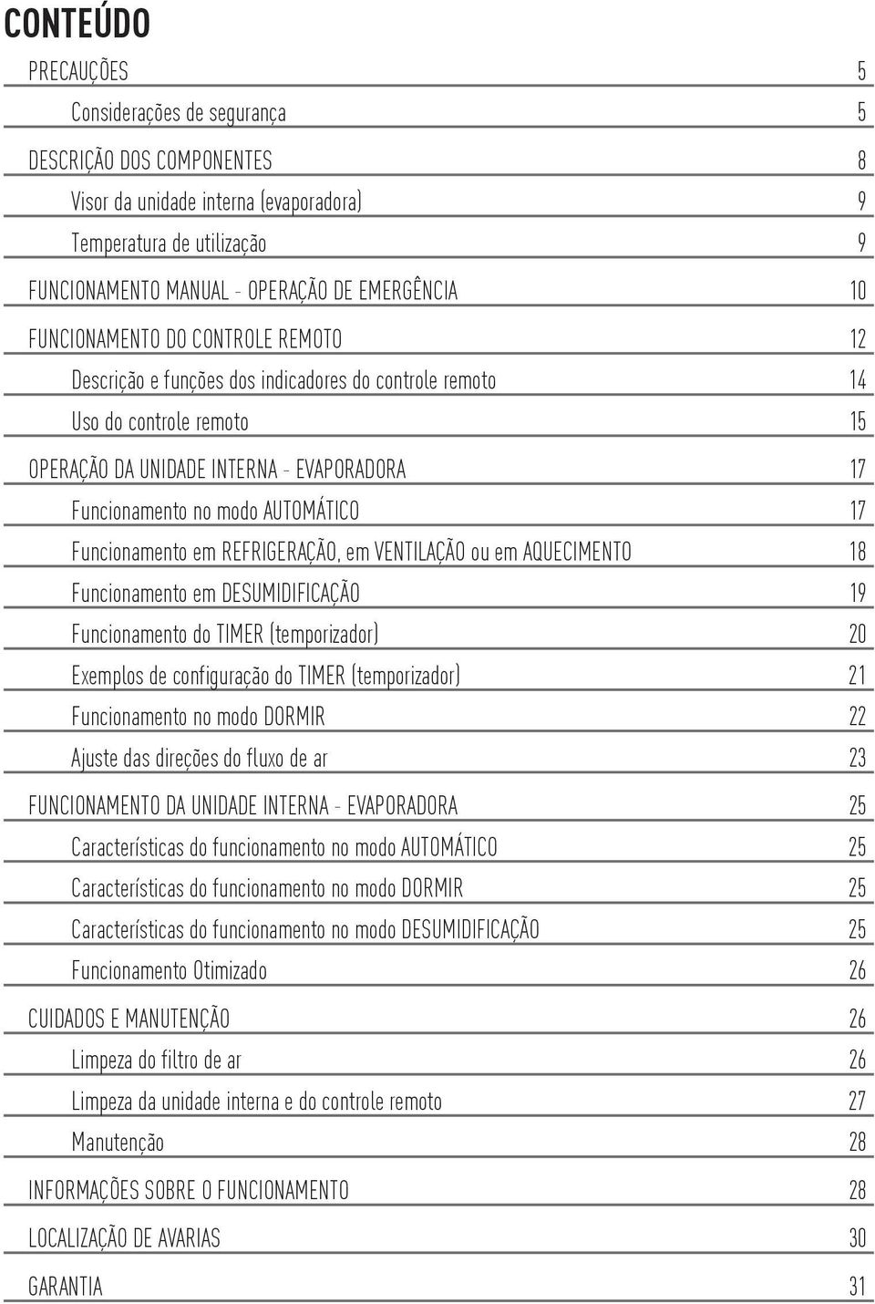 17 Funcionamento em REFRIGERAÇÃO, em VENTILAÇÃO ou em AQUECIMENTO 18 Funcionamento em DESUMIDIFICAÇÃO 19 Funcionamento do (temporizador) 20 Exemplos de configuração do (temporizador) 21 Funcionamento