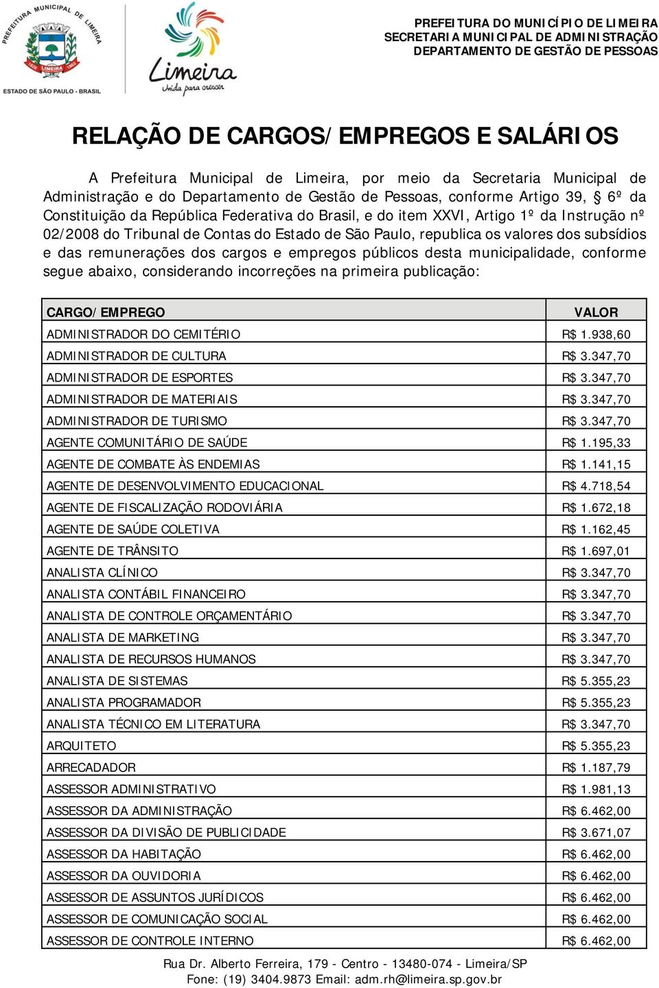 dos cargos e empregos públicos desta municipalidade, conforme segue abaixo, considerando incorreções na primeira publicação: ADMINISTRADOR DO CEMITÉRIO R$ 1.938,60 ADMINISTRADOR DE CULTURA R$ 3.