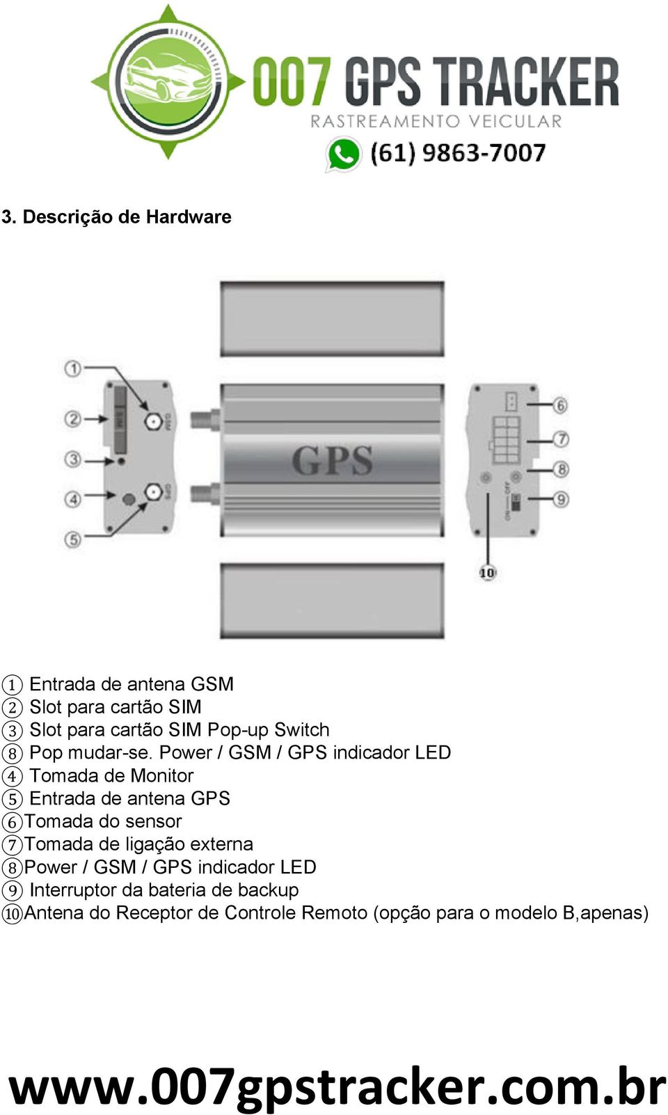 Power / GSM / GPS indicador LED 4 Tomada de Monitor 5 Entrada de antena GPS 6Tomada do sensor