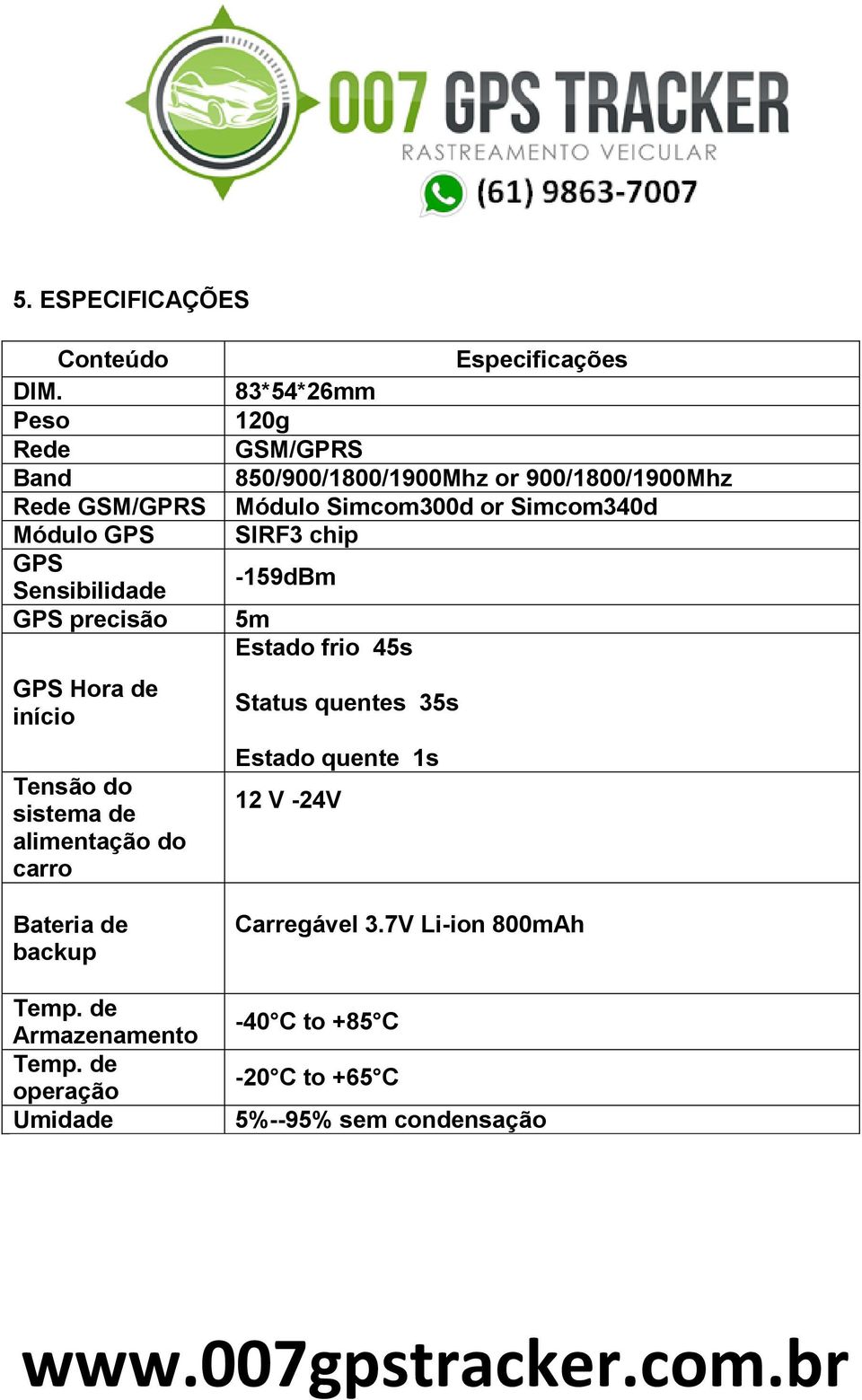 carro Bateria de backup Temp. de Armazenamento Temp.