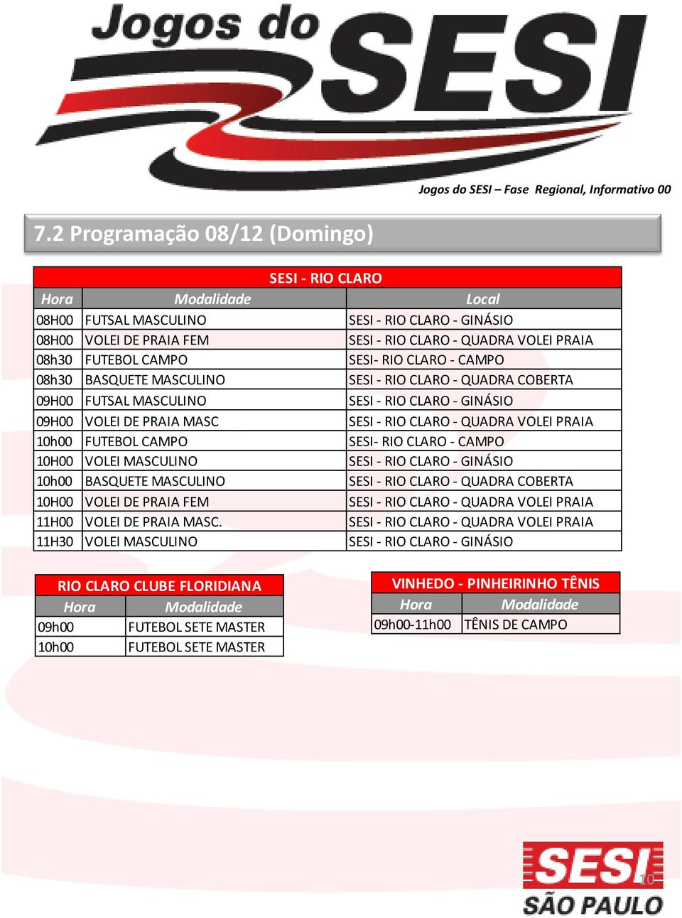 FUTEBOL CAMPO SESI- RIO CLARO - CAMPO 10H00 VOLEI MASCULINO SESI - RIO CLARO - GINÁSIO 10h00 BASQUETE MASCULINO SESI - RIO CLARO - QUADRA COBERTA 10H00 VOLEI DE PRAIA FEM SESI - RIO CLARO - QUADRA