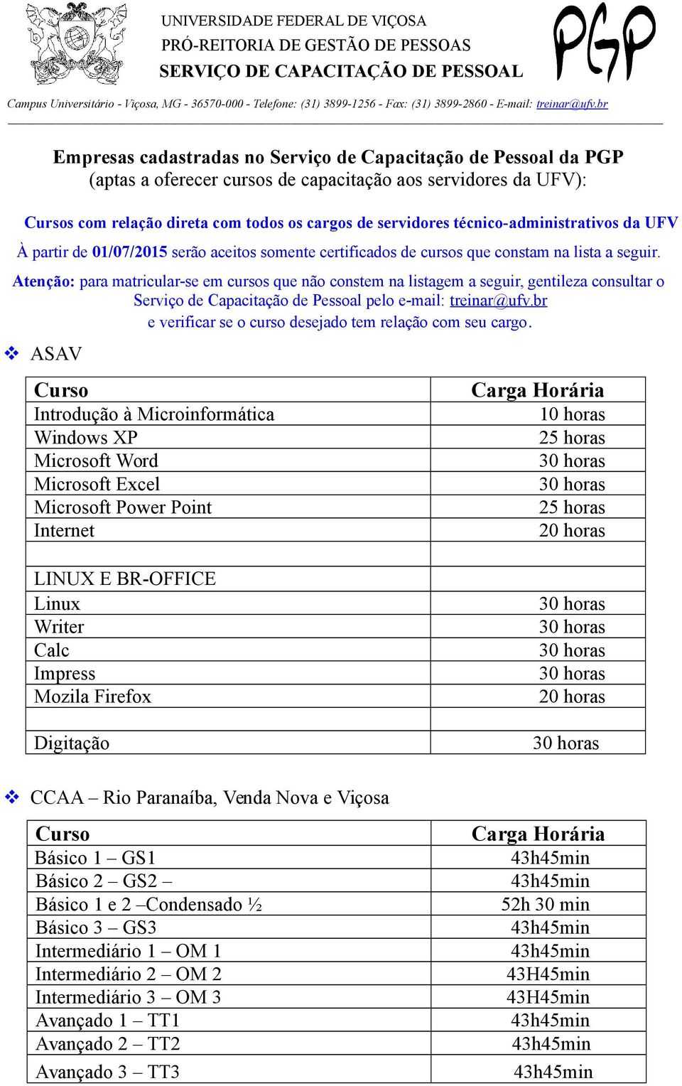 br Empresas cadastradas no Serviço de Capacitação de Pessoal da PGP (aptas a oferecer cursos de capacitação aos servidores da UFV): s com relação direta com todos os cargos de servidores