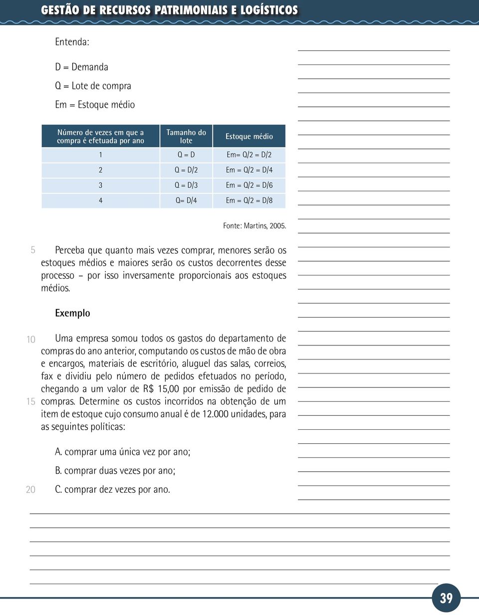 Perceba que quanto mais vezes comprar, menores serão os estoques médios e maiores serão os custos decorrentes desse processo por isso inversamente proporcionais aos estoques médios.