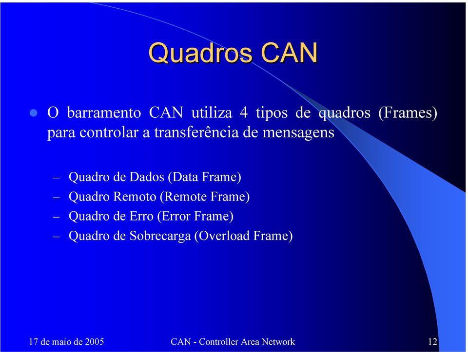 Quadro Remoto (Remote Frame) Quadro de Erro (Error Frame) Quadro de