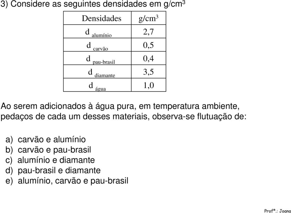 ambiente, pedaços de cada um desses materiais, observa-se flutuação de: a) carvão e alumínio b)