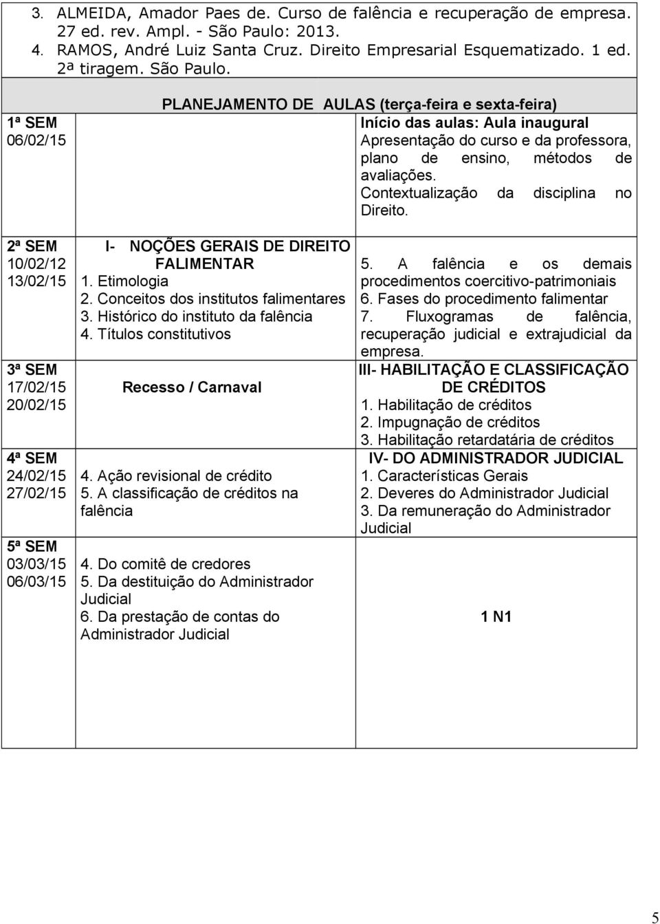 Contextualização da disciplina no Direito. 2ª SEM 10/02/12 13/02/15 3ª SEM 17/02/15 20/02/15 4ª SEM 24/02/15 27/02/15 5ª SEM 03/03/15 06/03/15 I- NOÇÕES GERAIS DE DIREITO FALIMENTAR 1. Etimologia 2.