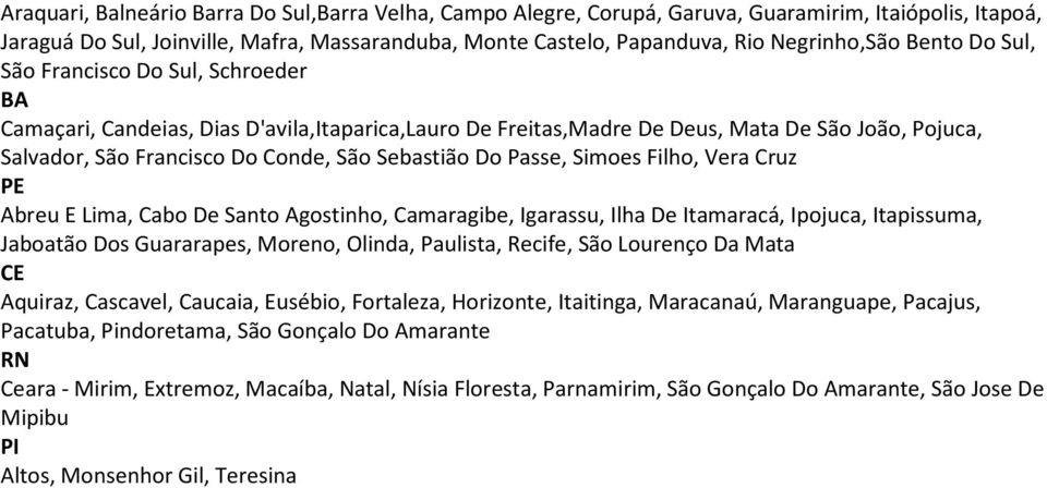 Do Passe, Simoes Filho, Vera Cruz PE Abreu E Lima, Cabo De Santo Agostinho, Camaragibe, Igarassu, Ilha De Itamaracá, Ipojuca, Itapissuma, Jaboatão Dos Guararapes, Moreno, Olinda, Paulista, Recife,