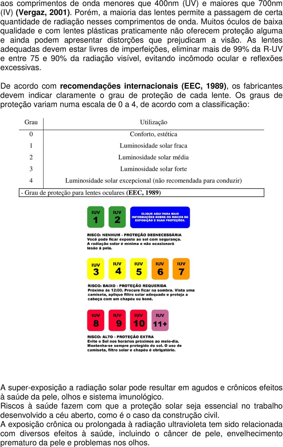 As lentes adequadas devem estar livres de imperfeições, eliminar mais de 99% da R-UV e entre 75 e 90% da radiação visível, evitando incômodo ocular e reflexões excessivas.