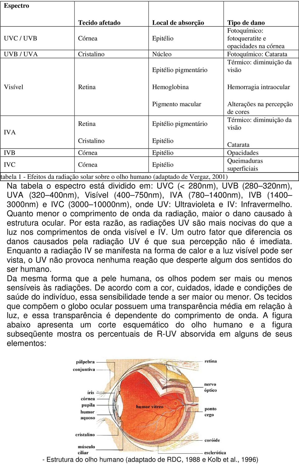 IVA Cristalino Epitélio Catarata IVB Córnea Epitélio Opacidades IVC Córnea Epitélio Queimaduras superficiais tabela 1 - Efeitos da radiação solar sobre o olho humano (adaptado de Vergaz, 2001) Na