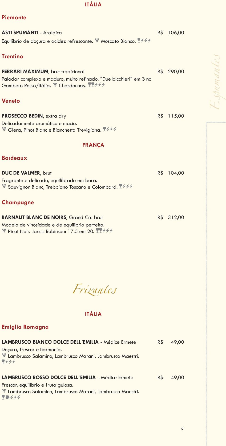 ccaaa Veneto PROSECCO BEDIN, extra dry R$ 115,00 Delicadamente aromático e macio. u Glera, Pinot Blanc e Bianchetta Trevigiana.