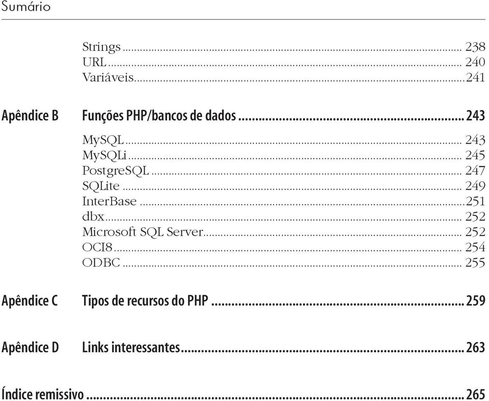 .. 252 Microsoft SQL Server... 252 OCI8... 254 ODBC.