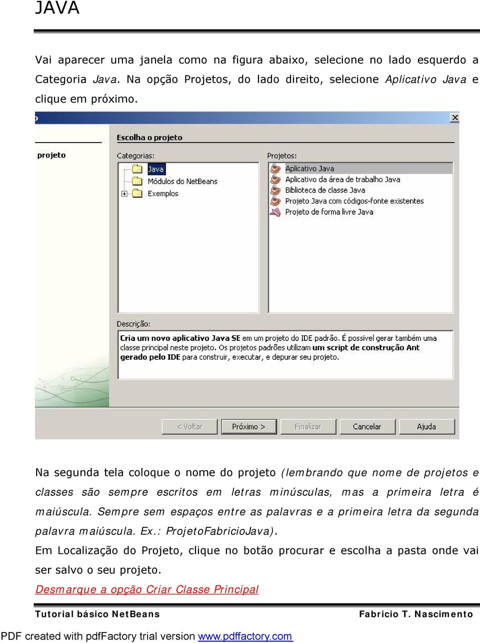 Na segunda tela coloque o nome do projeto (lembrando que nome de projetos e classes são sempre escritos em letras minúsculas, mas a primeira letra é