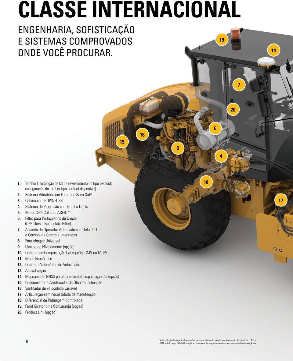 Sistema de Propulsão com Bomba Dupla 5. Motor C4.4 Cat com ACERT* 6. Filtro para Particulados de Diesel (DPF, Diesel Particulate Filter) 7.