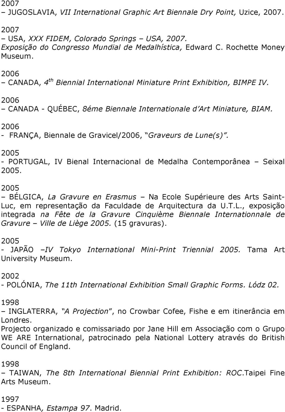 2006 - FRANÇA, Biennale de Gravicel/2006, Graveurs de Lune(s). 2005 - PORTUGAL, IV Bienal Internacional de Medalha Contemporânea Seixal 2005.