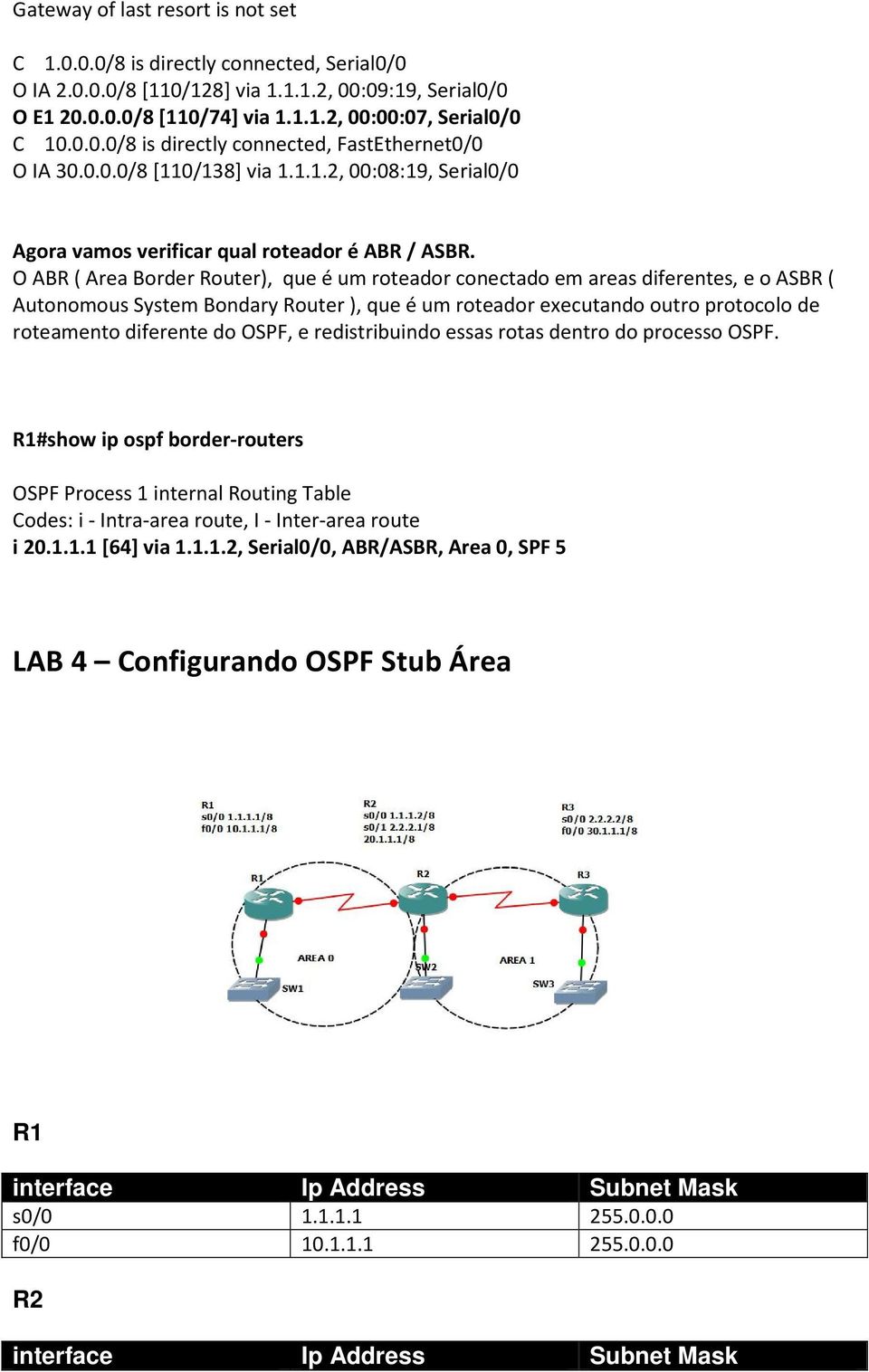 O ABR ( Area Border Router), que é um roteador conectado em areas diferentes, e o ASBR ( Autonomous System Bondary Router ), que é um roteador executando outro protocolo de roteamento diferente do