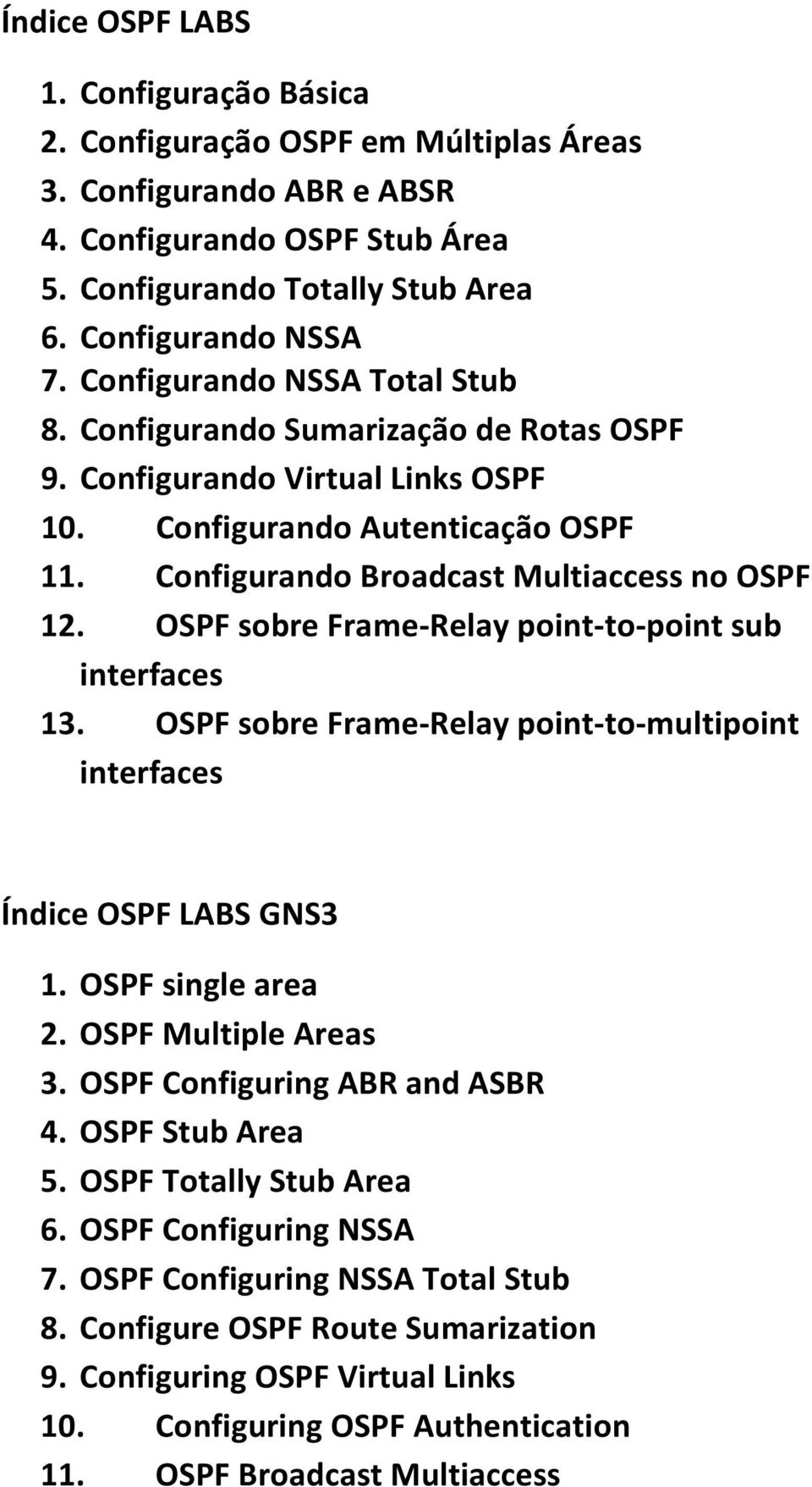 OSPF sobre Frame-Relay point-to-point sub interfaces 13. OSPF sobre Frame-Relay point-to-multipoint interfaces Índice OSPF LABS GNS3 1. OSPF single area 2. OSPF Multiple Areas 3.