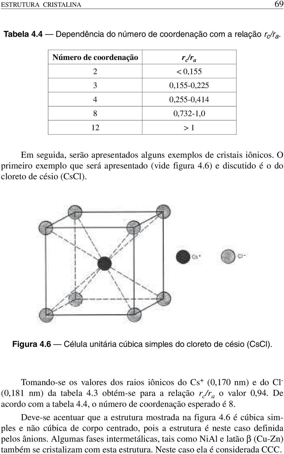 O primeiro exemplo que será apresentado (vide figura 4.6) e discutido é o do cloreto de césio (CsCl). Figura 4.6 Célula unitária cúbica simples do cloreto de césio (CsCl).