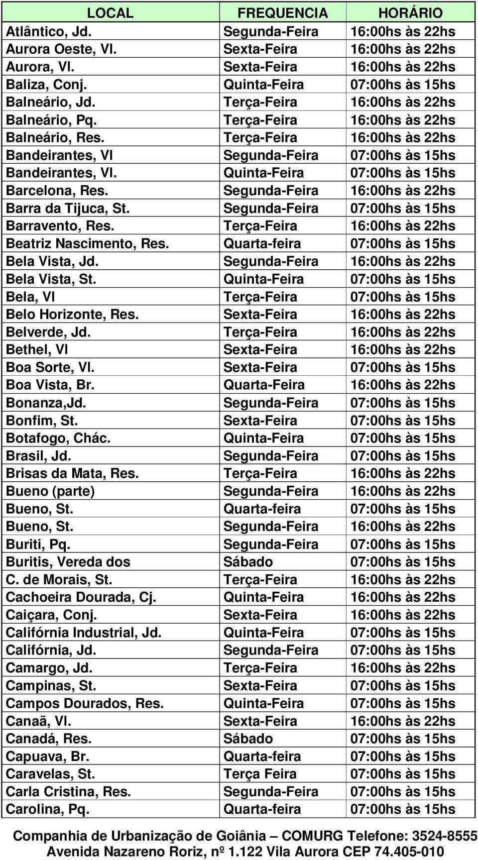 Quinta-Feira 07:00hs às 15hs Barcelona, Res. Segunda-Feira 16:00hs às 22hs Barra da Tijuca, St. Segunda-Feira 07:00hs às 15hs Barravento, Res. Terça-Feira 16:00hs às 22hs Beatriz Nascimento, Res.