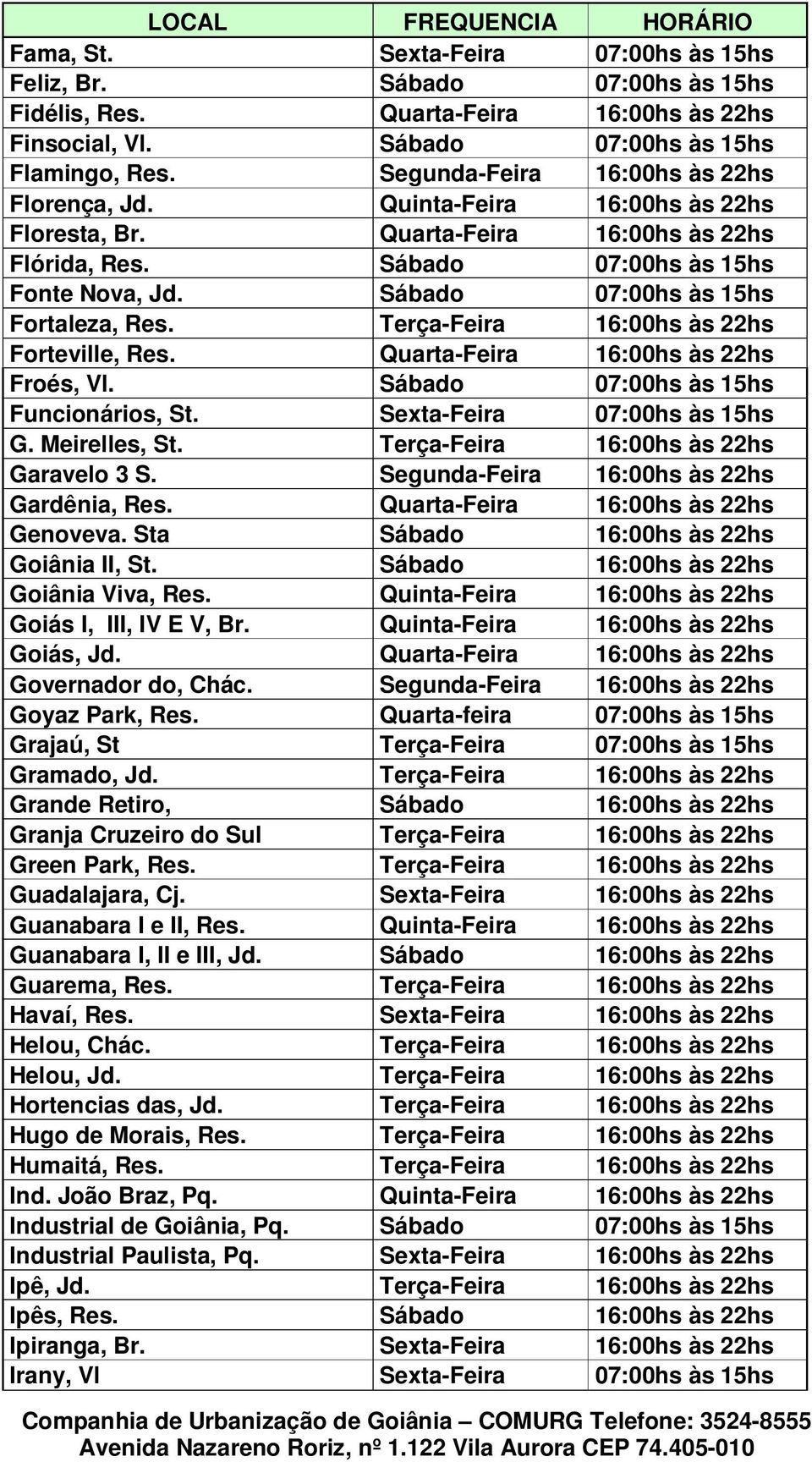 Sábado 07:00hs às 15hs Fortaleza, Res. Terça-Feira 16:00hs às 22hs Forteville, Res. Quarta-Feira 16:00hs às 22hs Froés, Vl. Sábado 07:00hs às 15hs Funcionários, St. Sexta-Feira 07:00hs às 15hs G.