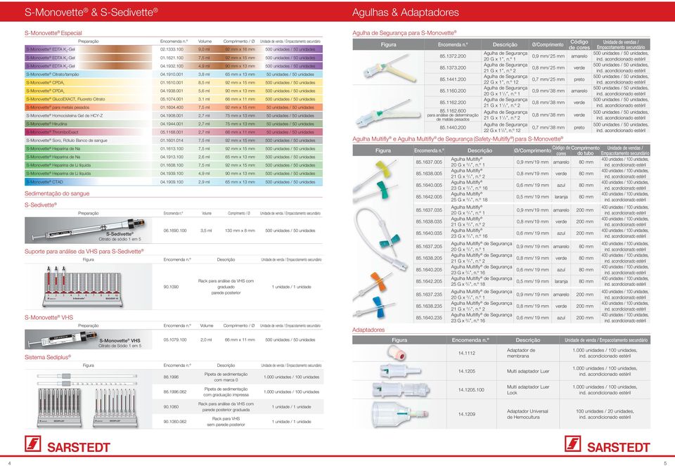 001 3,8 ml 65 mm x 13 mm 50 unidades / 50 unidades S-Monovette CPDA 1 01.1610.001 8,5 ml 92 mm x 15 mm S-Monovette CPDA 1 04.1938.001 5,6 ml 90 mm x 13 mm S-Monovette GlucoEXACT, Citrato 05.1074.