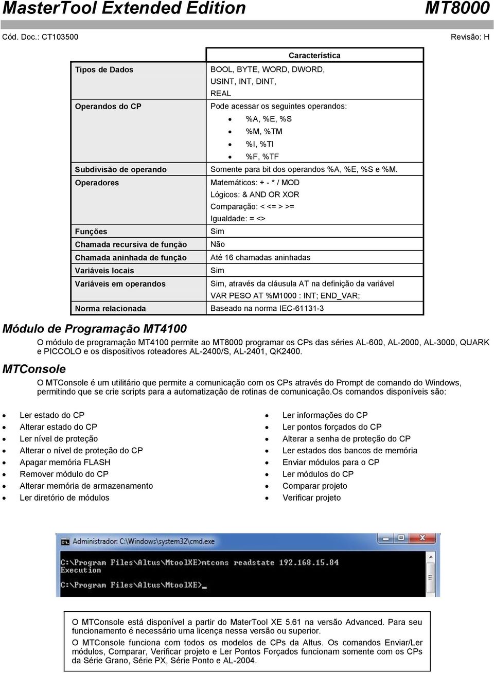 Matemáticos: + - * / MOD Lógicos: & AND OR XOR Comparação: < <= > >= Igualdade: = <> Sim Não Até 16 chamadas aninhadas Sim Sim, através da cláusula AT na definição da variável VAR PESO AT %M1000 :