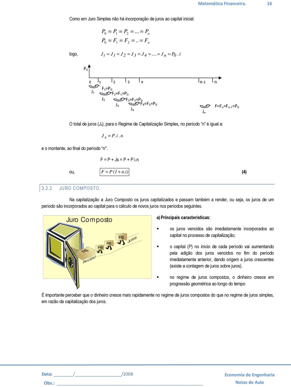 (4) 322 JURO COMPOSTO Na captalzação a Juro Composto os juros captalzados e passam também a reder, ou seja, os juros de um período são corporados ao captal para o cálculo de ovos juros os períodos