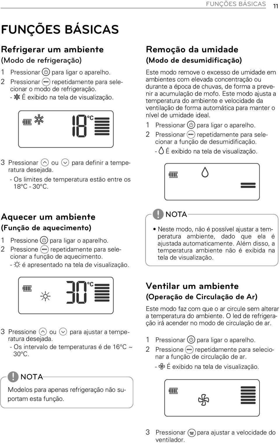 Remoção da umidade (Modo de desumidificação) Este modo remove o excesso de umidade em ambientes com elevada concentração ou durante a época de chuvas, de forma a prevenir a acumulação de mofo.