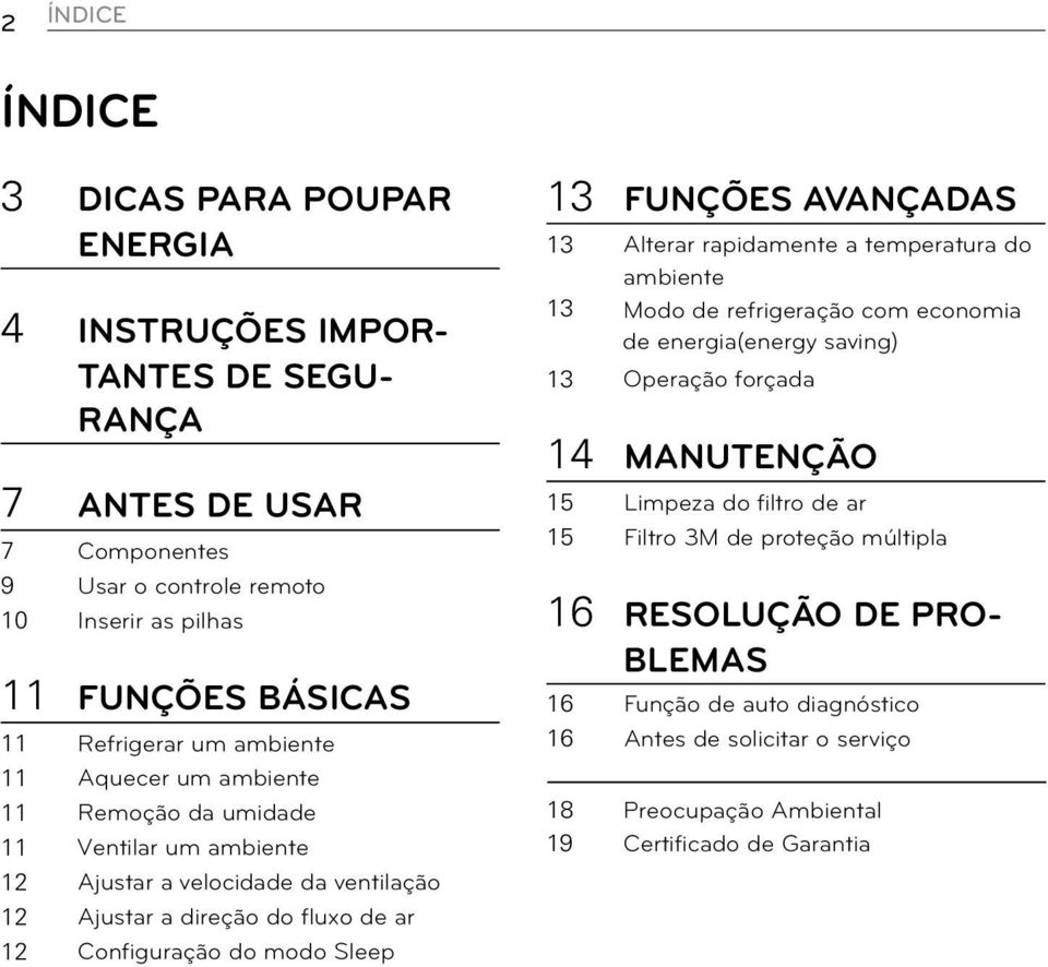 AVANÇADAS 13 13 13 Alterar rapidamente a temperatura do ambiente Modo de refrigeração com economia d e e n e r g i a ( e n e r g y s a v i n g ) Operação forçada 14 MANUTENÇÃO 15 Limpeza do filtro de