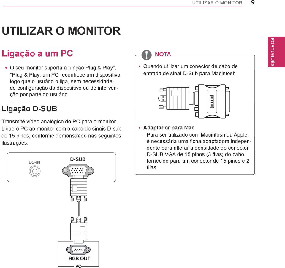 NOTA Quando utilizar um conector de cabo de entrada de sinal D-Sub para Macintosh PORTUGUÊS Ligação D-SUB Transmite vídeo analógico do PC para o monitor.