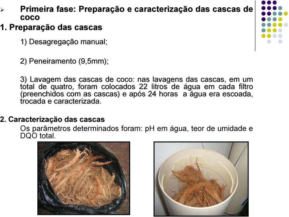 lavagens das cascas, em um total de quatro, foram colocados 22 litros de água em cada filtro (preenchidos com as