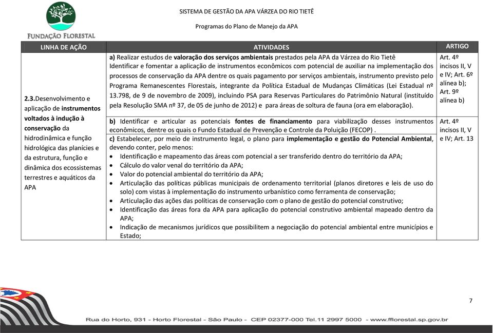 auxiliar na implementação dos processos de conservação da APA dentre os quais pagamento por serviços ambientais, instrumento previsto pelo Programa Remanescentes Florestais, integrante da Política