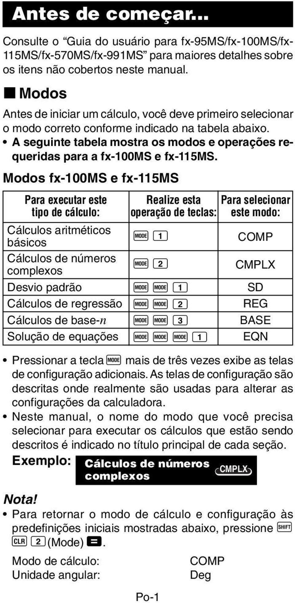 A seguinte tabela mostra os modos e operações requeridas para a fx-100ms e fx-115ms.