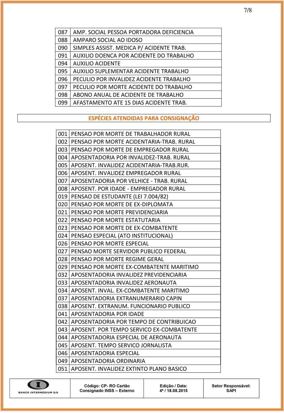 ABONO ANUAL DE ACIDENTE DE TRABALHO 099 AFASTAMENTO ATE 15 DIAS ACIDENTE TRAB. ESPÉCIES ATENDIDAS PARA CONSIGNAÇÃO 001 PENSAO POR MORTE DE TRABALHADOR RURAL 002 PENSAO POR MORTE ACIDENTARIA-TRAB.