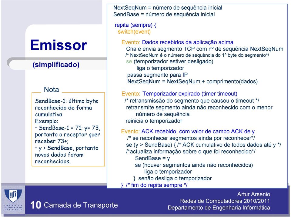 10 Camada de Transporte NextSeqNum = número de sequência inicial SendBase = número de sequência inicial repita (sempre) { switch(event) Evento: Dados recebidos da aplicação acima Cria e envia