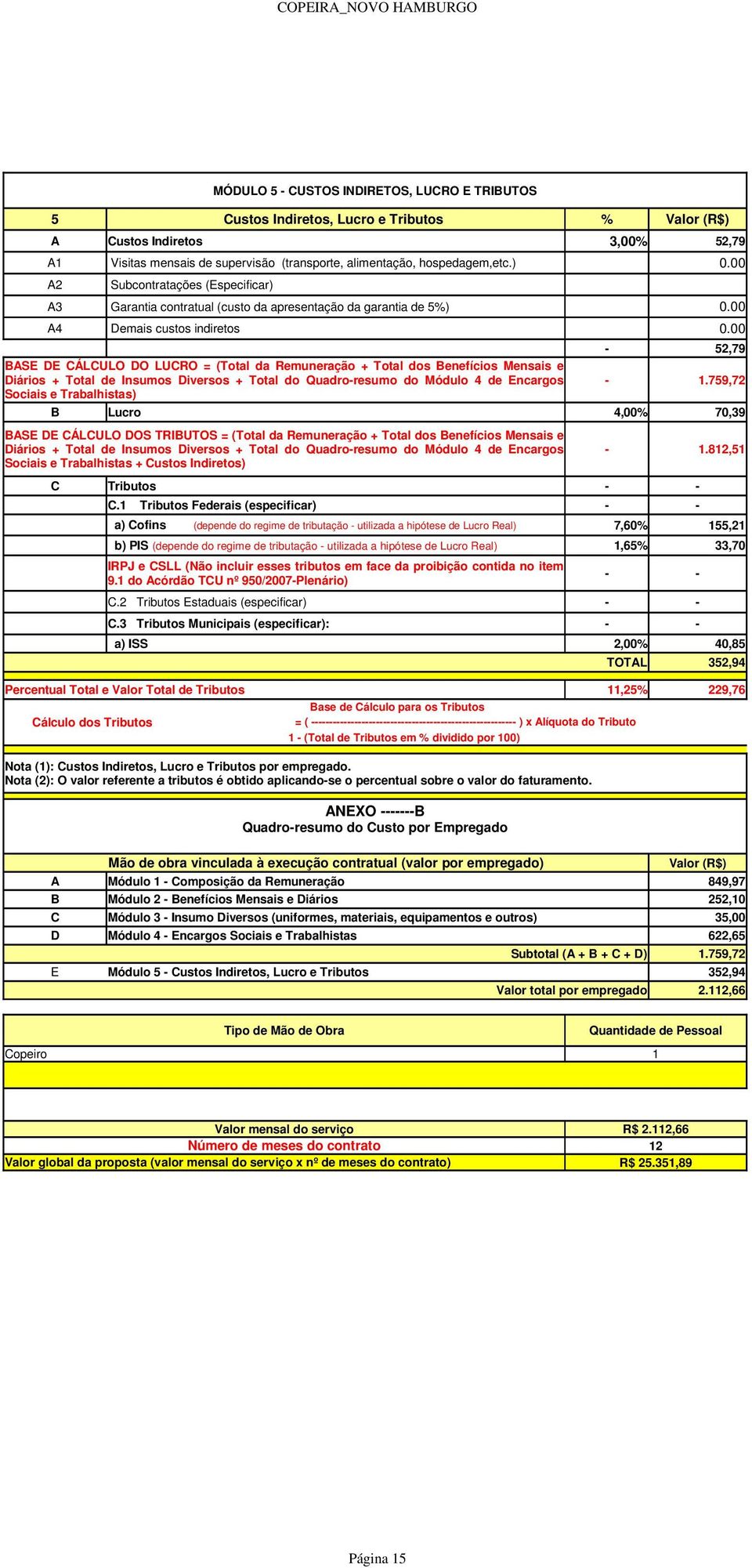 00 BASE DE CÁLCULO DO LUCRO = (Total da Remuneração + Total dos Benefícios Mensais e Sociais e Trabalhistas) - 52,79-1.