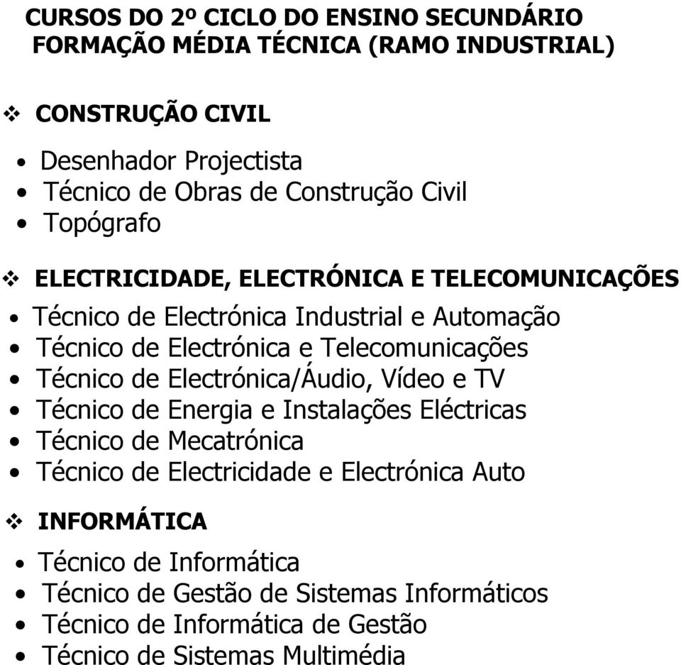 Telecomunicações Técnico de Electrónica/Áudio, Vídeo e TV Técnico de Energia e Instalações Eléctricas Técnico de Mecatrónica Técnico de