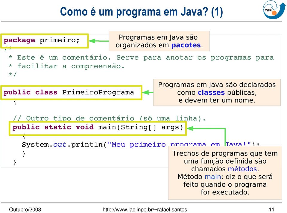 */ public class PrimeiroPrograma Programas em Java são declarados como classes públicas, e devem ter um nome.