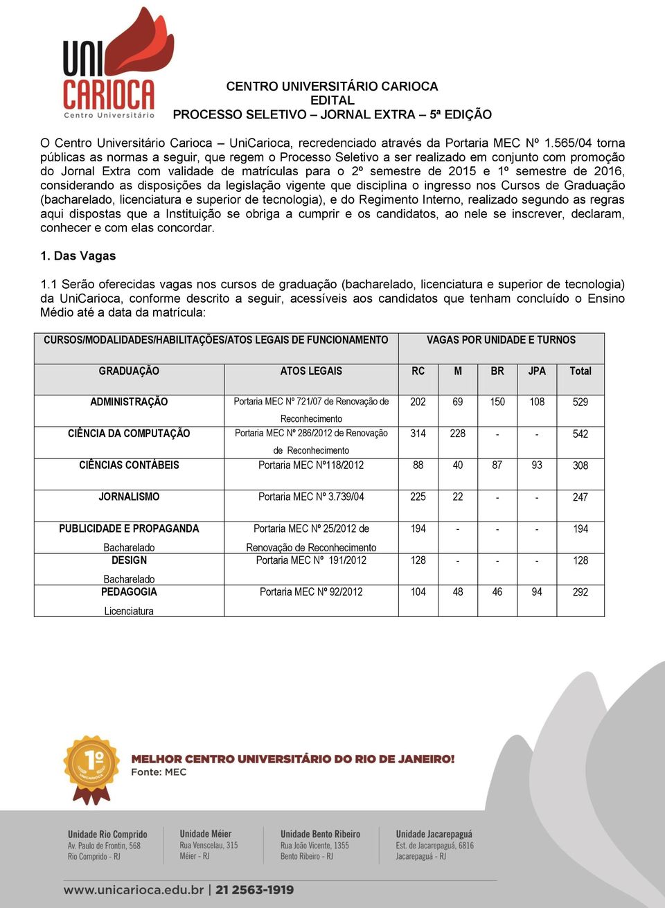 2016, considerando as disposições da legislação vigente que disciplina o ingresso nos Cursos de Graduação (bacharelado, licenciatura e superior de tecnologia), e do Regimento Interno, realizado