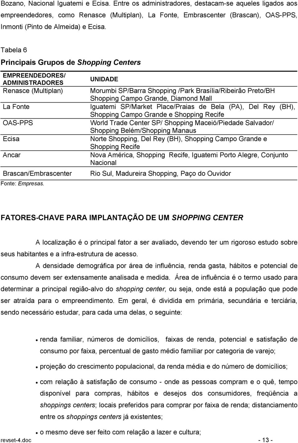 Tabela 6 Principais Grupos de Shopping Centers EMPREENDEDORES/ ADMINISTRADORES Renasce (Multiplan) La Fonte OAS-PPS Ecisa Ancar Brascan/Embrascenter Fonte: Empresas.